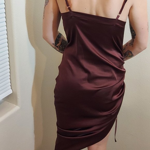 Sexy Lyaner Brown Satin Feel Cowl Neck Sleeveless with Adjustable Ruching Side - Picture 2 of 8